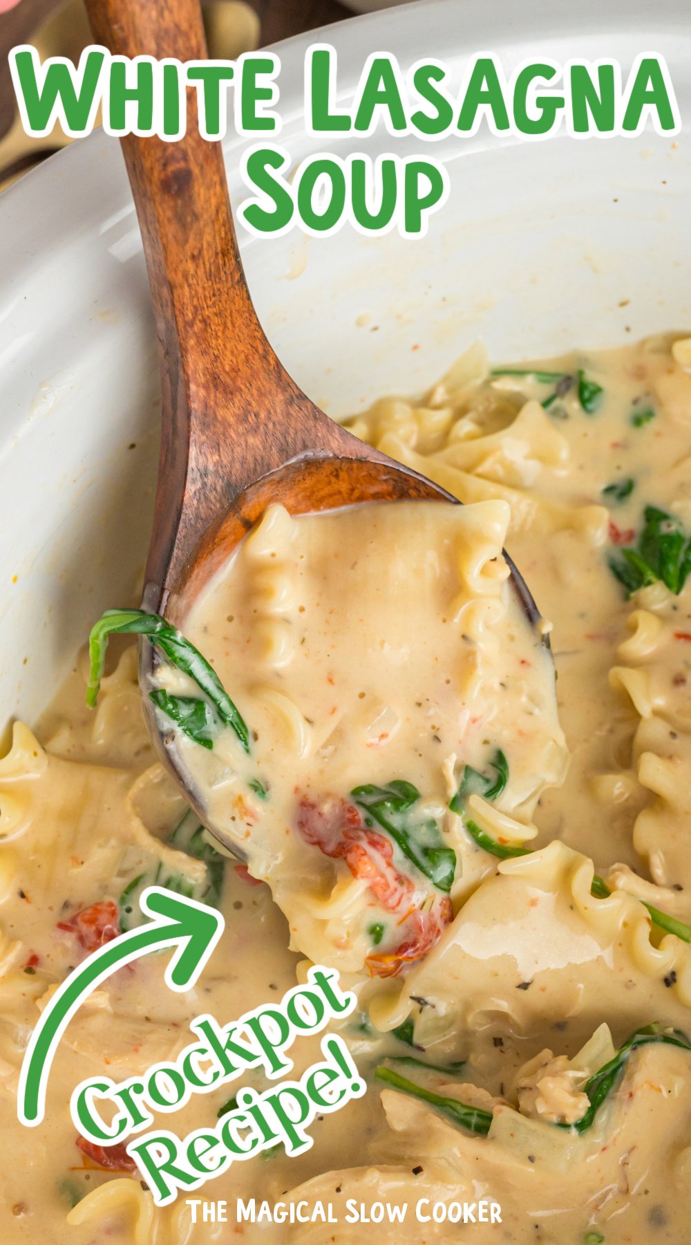 white lasagna soup in a crockpot with text overlay for pinterest.