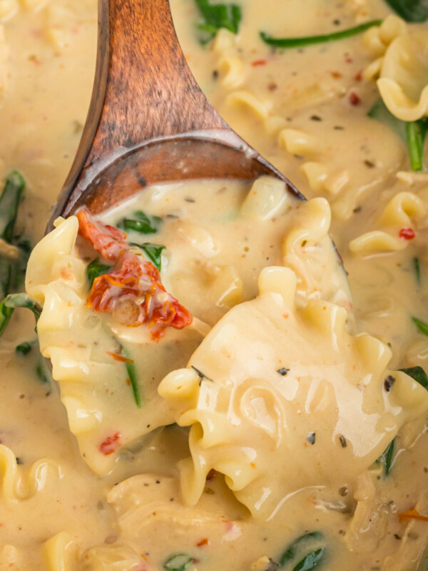 scooping some white lasagna soup out of a slow cooker.