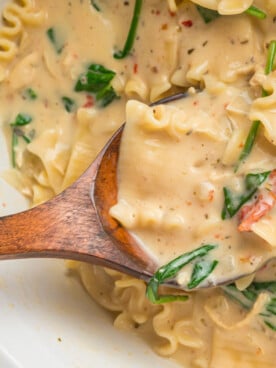 overhead shot of slow cooker white lasagna soup.