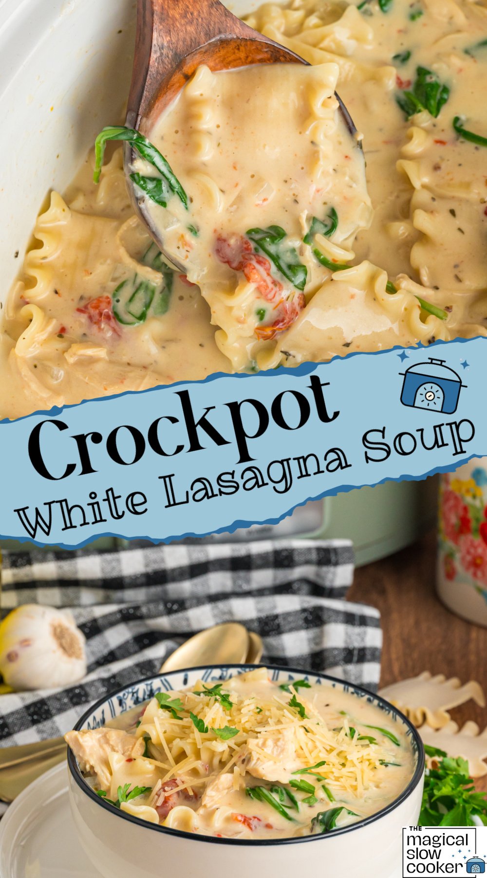 white lasagna soup in crockpot and in bowl