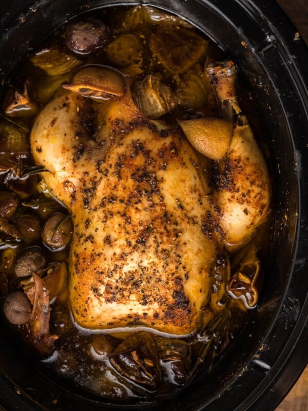 whole chicken cooked with beer in slow cooker.