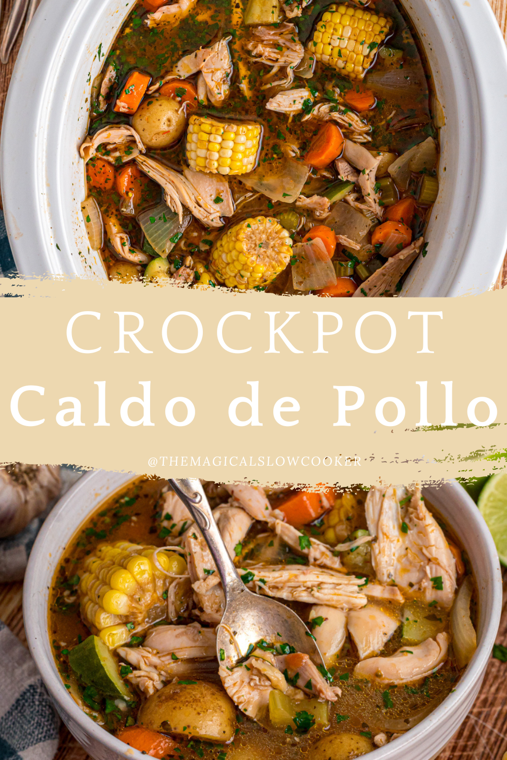 Two images of caldo de pollo with text overlay.