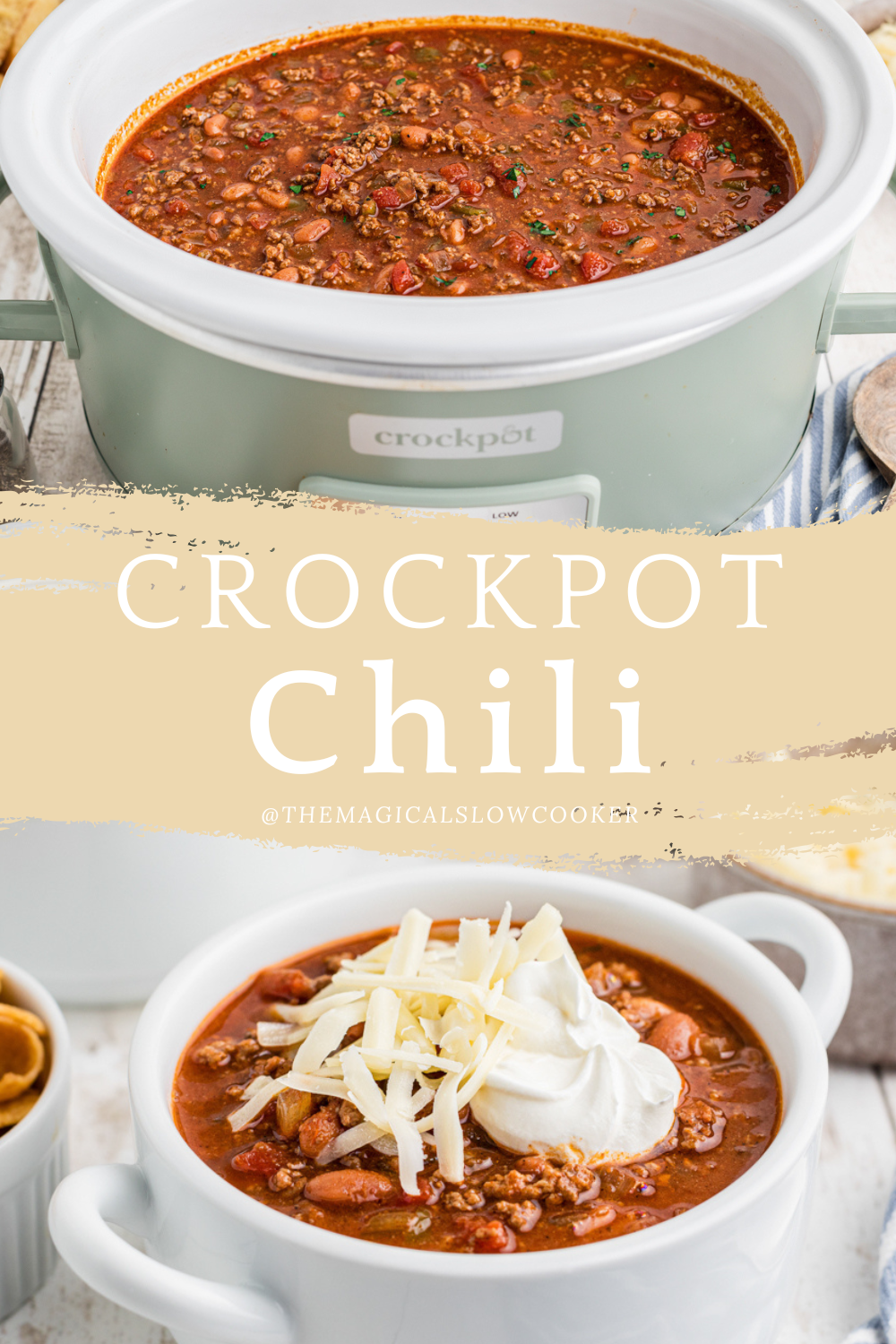 Best slow cooker chili in a slow cooker and in bowl.