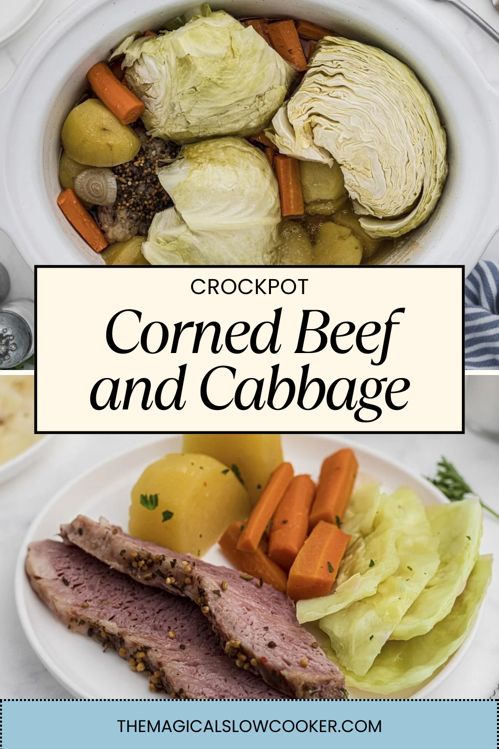 corned beef and cabbage in slow cooker and on a plate.