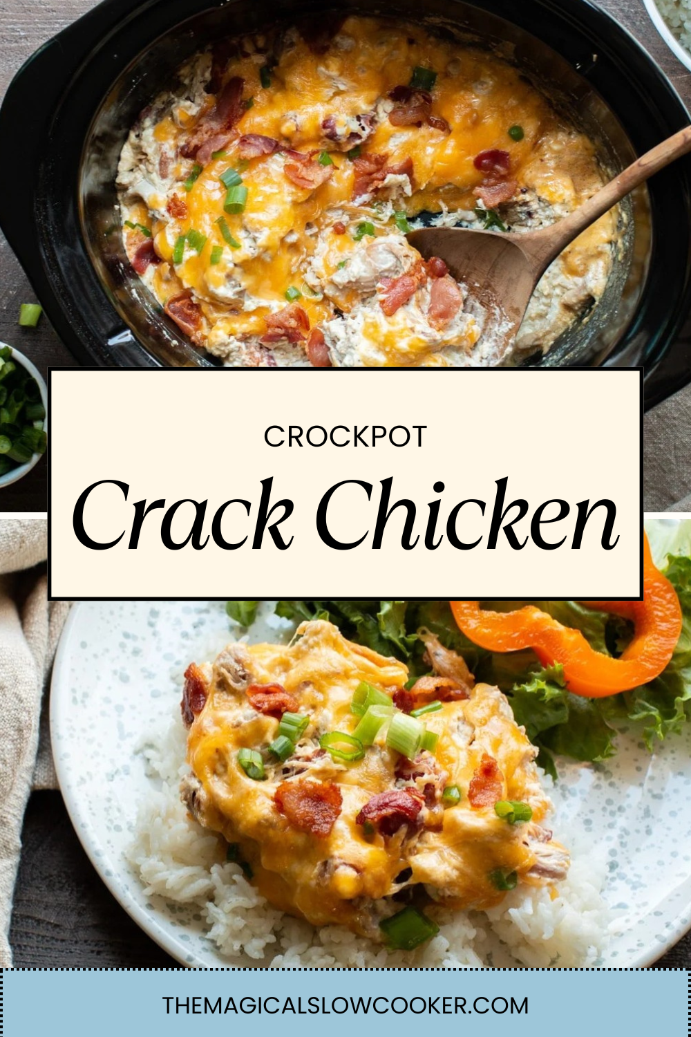 Crack chicken in a slow cooker and on a plate.