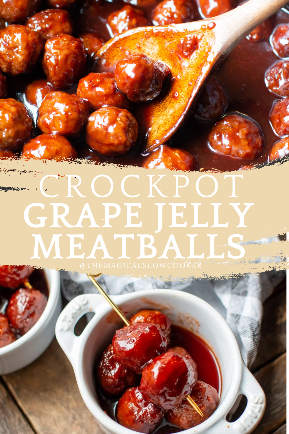 grape jelly meatballs in a slow cooker and in a bowl.