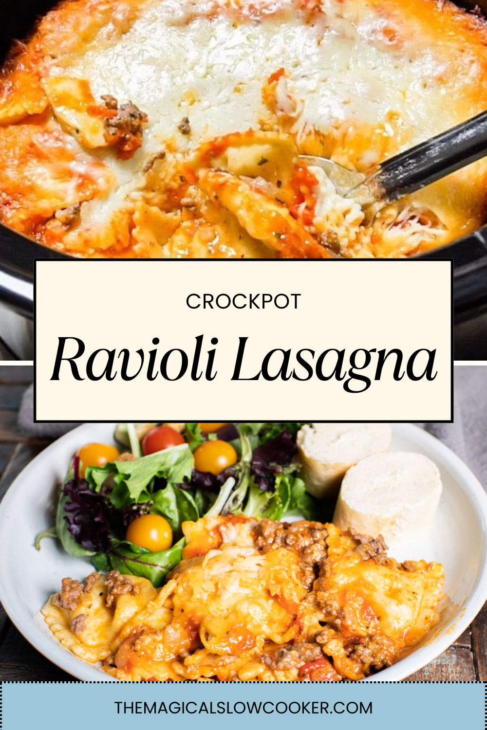Ravioli lasagna in a slow cooker and on a plate.