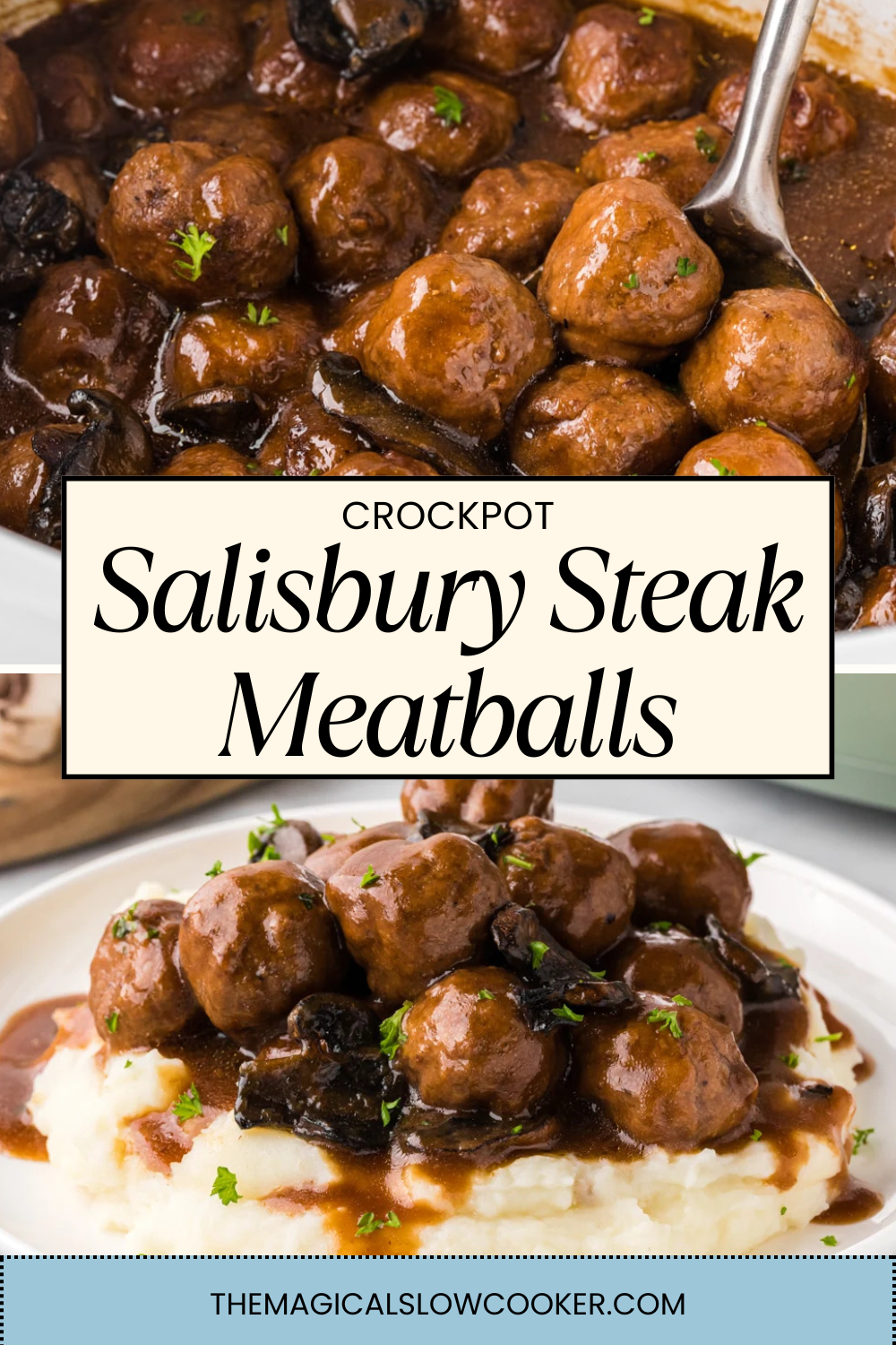 salisbury steak meatballs in a slow cooker and on a plate.
