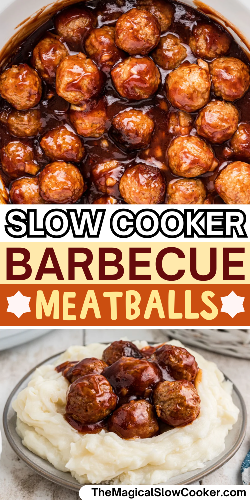 Barbecue meatball photos with text overlay for pinterest.