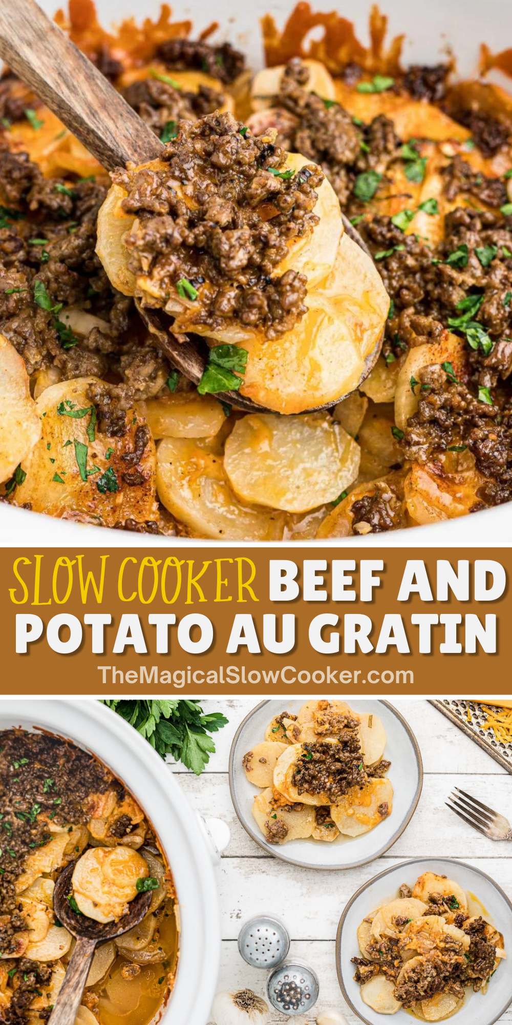 Beef and potato au gratin images with text overlay for pinterest.