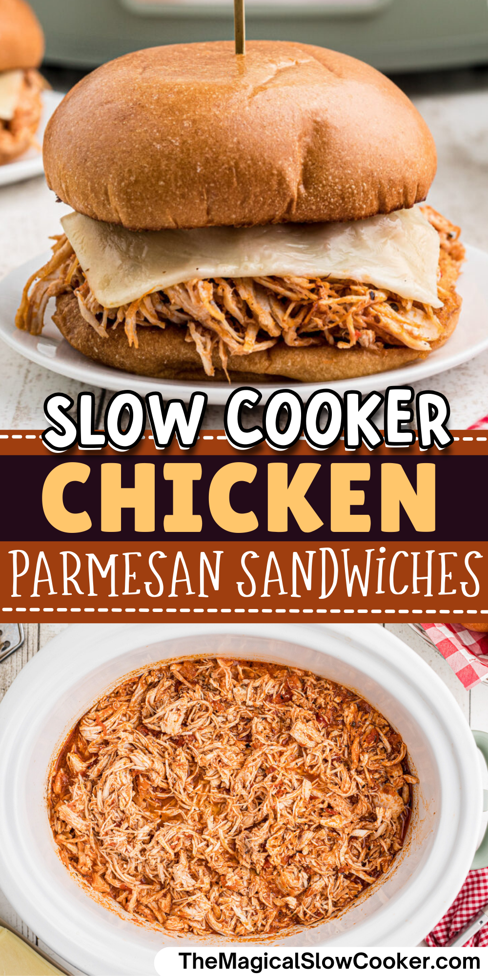 Chicken parmesan sandwiches images with text overlay for pinterest.