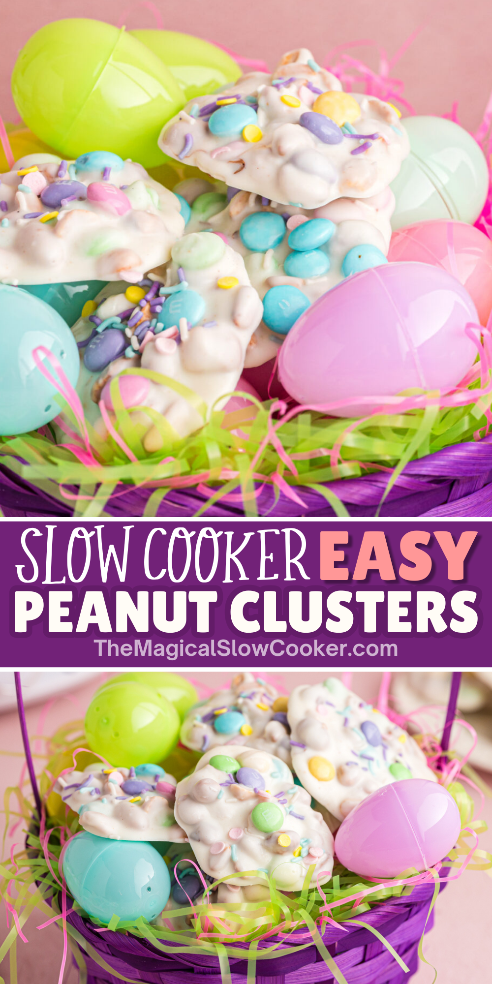 Easy peanut clusters images with text overlay for pinterest.