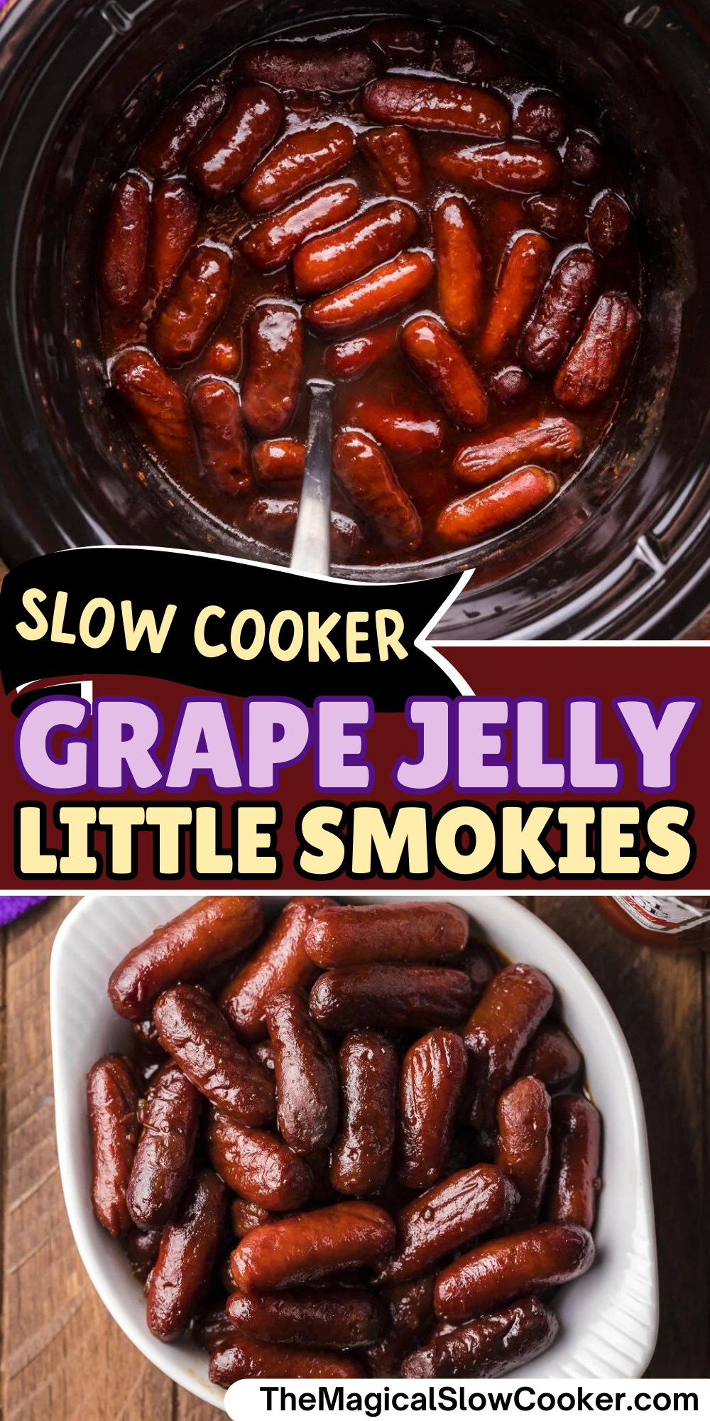 Grape jelly little smokies images with text overlay for pinterest.
