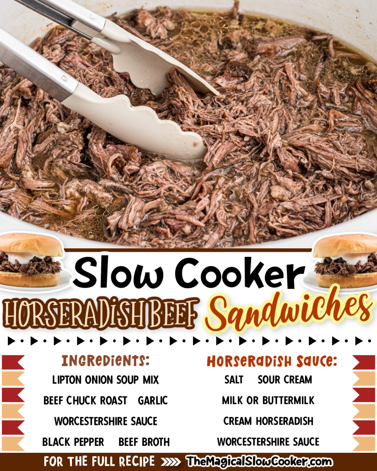 Horseradish beef sandwiches images with text of what the ingredients are.