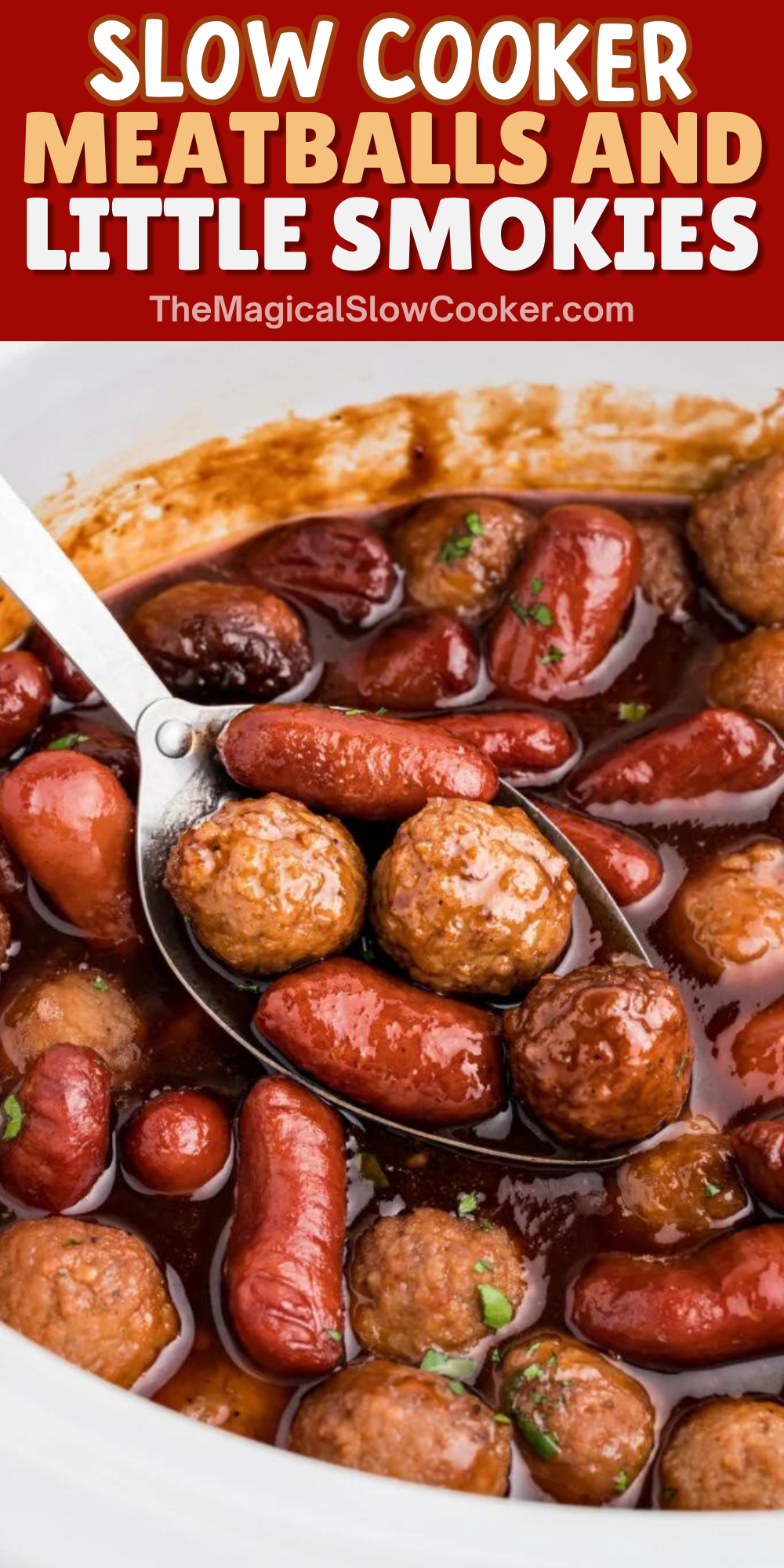 Meatballs and little smokies images with text overlay for pinterest.