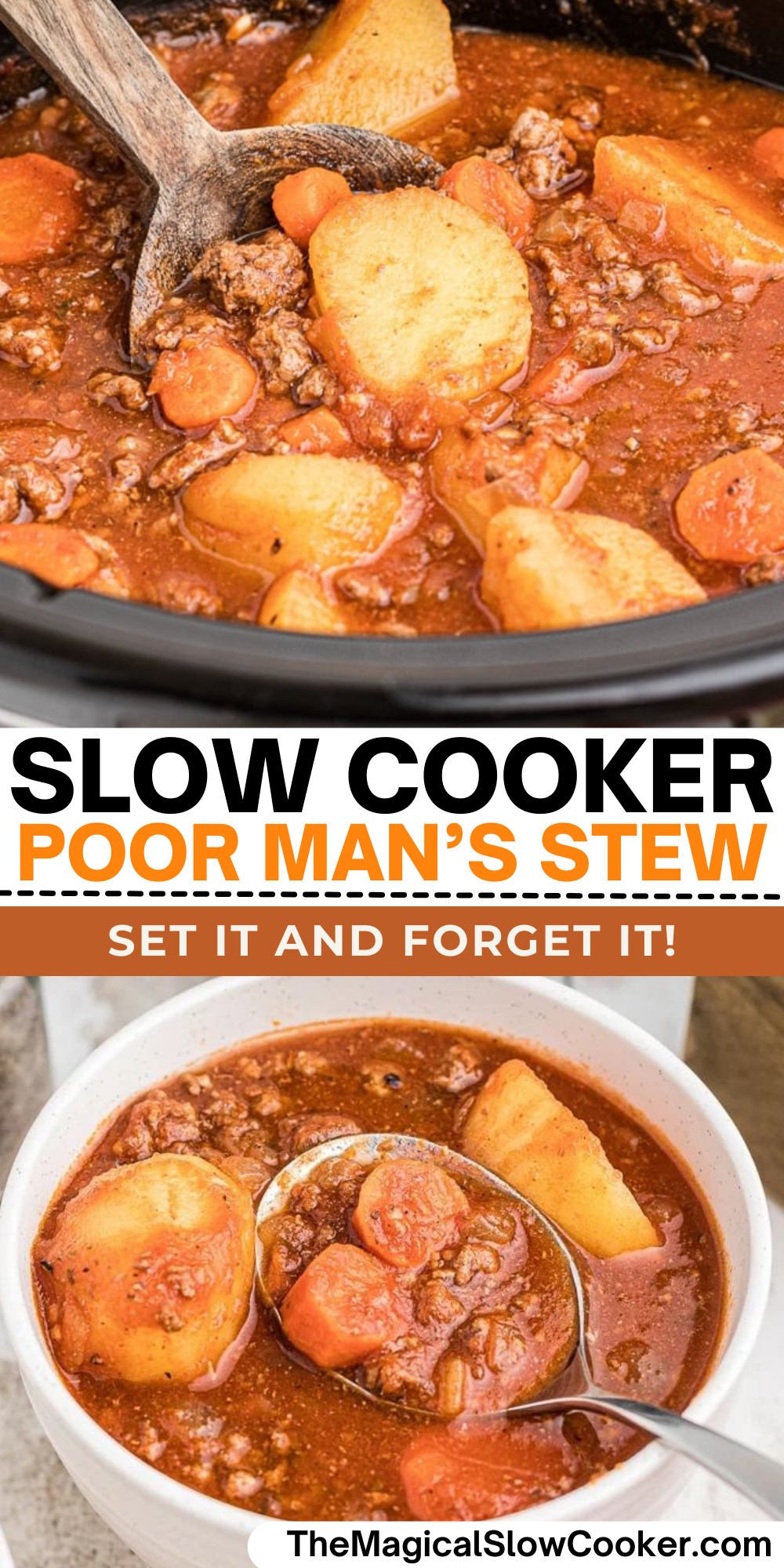 Poor man's stew images with text overlay for pinterest.