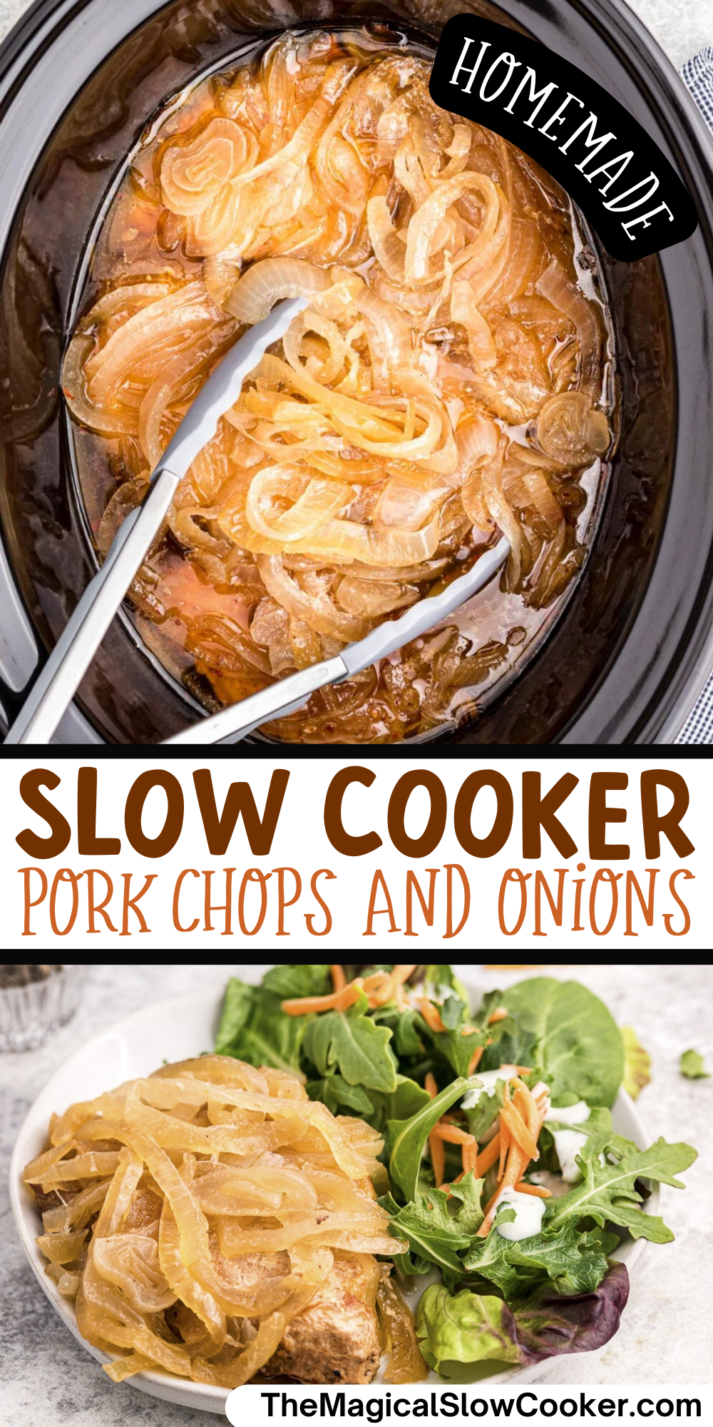 Pork chops and onions images with text overlay for pinterest.