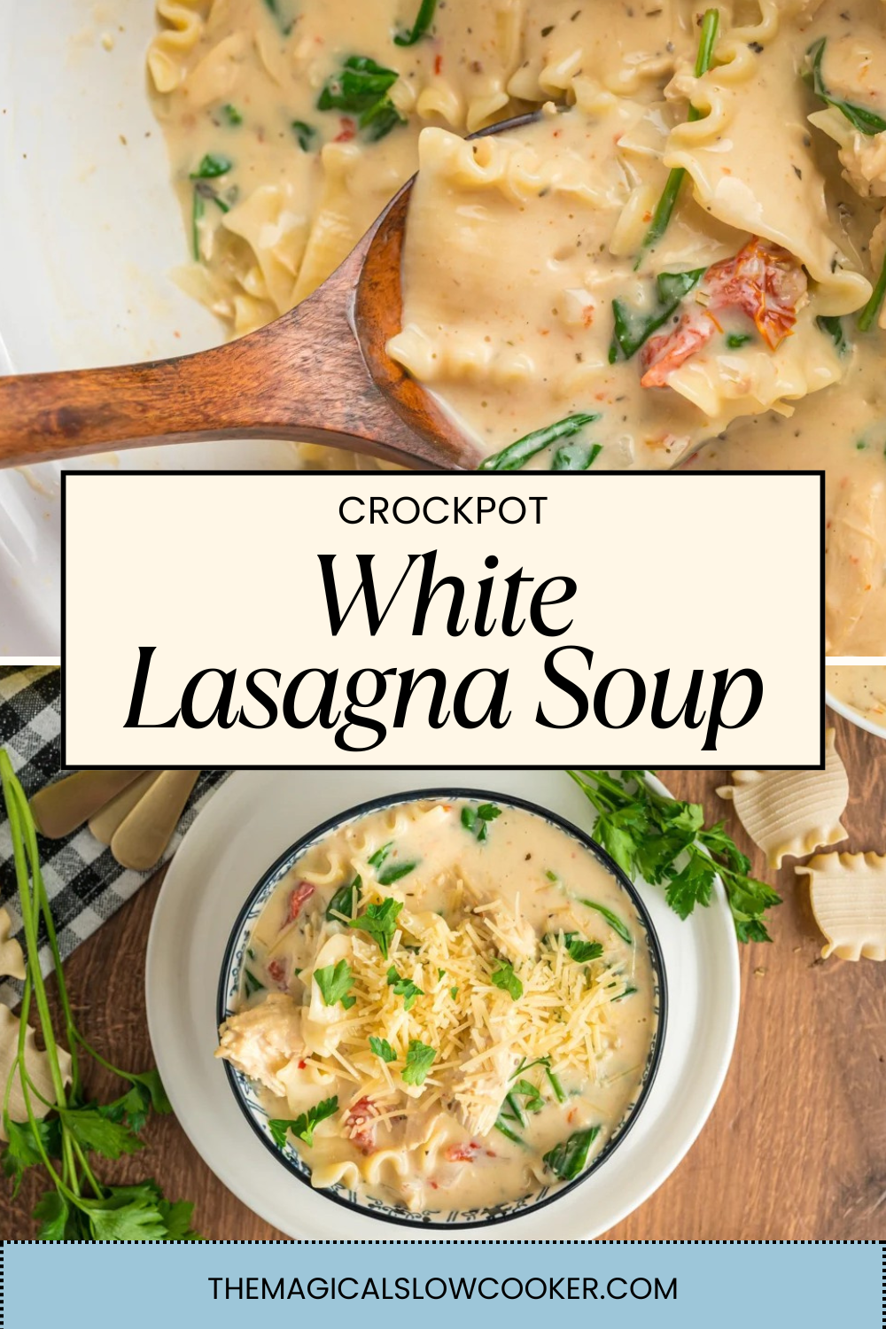 white lasagna soup in a slow cooker and in a bowl.
